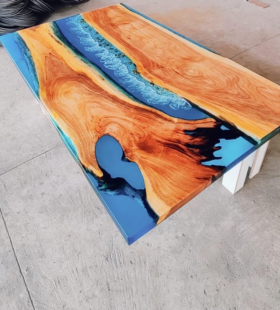 clear - blue - river - with - stones - look - epoxy - resin - dining - table - coffee - table - end - table - wooden - table - living - room - table - bar - counter - home - decor - side - table - top - resinhomefurniture