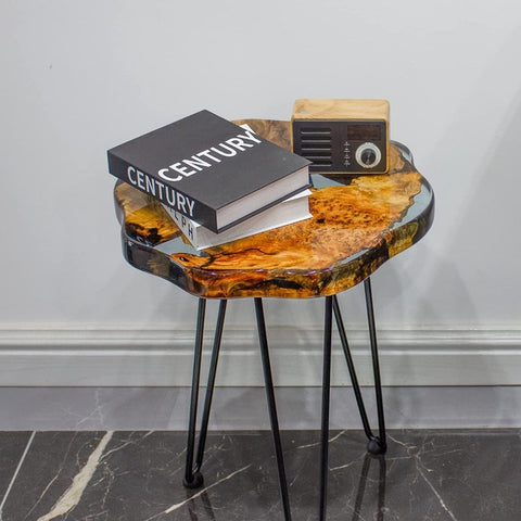 Crystal Clear Epoxy Resin Natural Edge Wood end Table, Wood Resin Side Table Hand Made Craft Coffee Table with Hairpin legs - 20 inch Tall - resinhomefurniture