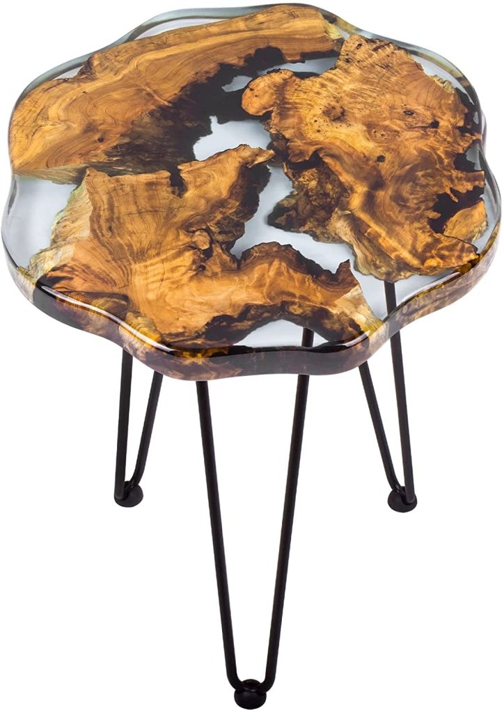 Crystal Clear Epoxy Resin Natural Edge Wood end Table, Wood Resin Side Table Hand Made Craft Coffee Table with Hairpin legs - 20 inch Tall - resinhomefurniture