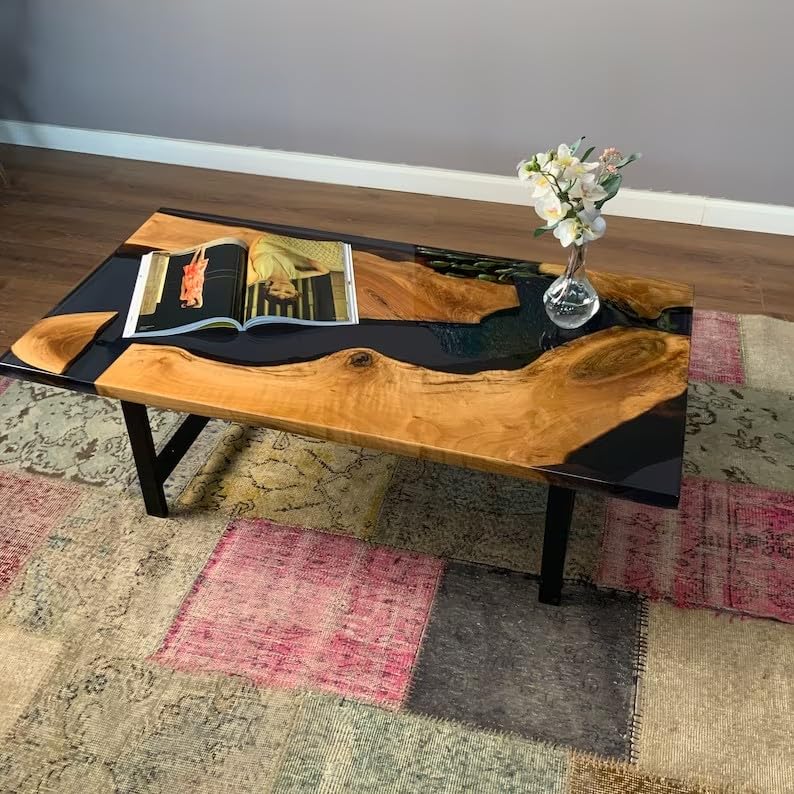Custom Large Black Epoxy Coffee Table Dinning Table Living Room Table River Flow Table for 2, 4, 6, 8 Coastal Table Patio Table Home Décor Side/End Table Wooden Table - resinhomefurniture
