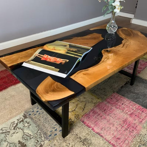 Custom Large Black Epoxy Coffee Table Dinning Table Living Room Table River Flow Table for 2, 4, 6, 8 Coastal Table Patio Table Home Décor Side/End Table Wooden Table - resinhomefurniture