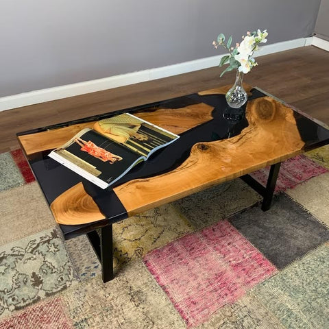 Custom Large Black Epoxy Coffee Table Dinning Table Living Room Table River Flow Table for 2, 4, 6, 8 Coastal Table Patio Table Home Décor Side/End Table Wooden Table - resinhomefurniture