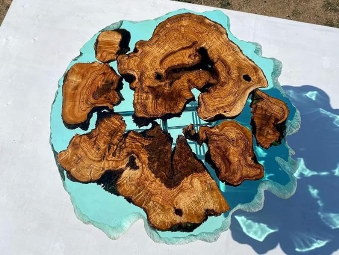 Custom Large Resin Epoxy Round Table Teal Clear Green Look Resin Coffee Table Living Room Table Luxury Decor Table Patio Table Wooden Resin Table - resinhomefurniture