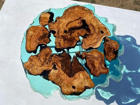 Custom Large Resin Epoxy Round Table Teal Clear Green Look Resin Coffee Table Living Room Table Luxury Decor Table Patio Table Wooden Resin Table - resinhomefurniture