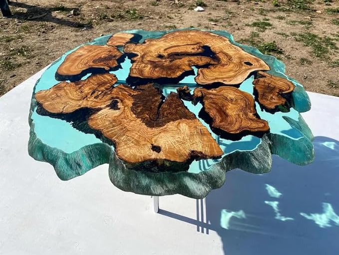 Custom Large Resin Epoxy Round Table Teal Clear Green Look Resin Coffee Table Living Room Table Luxury Decor Table Patio Table Wooden Resin Table - resinhomefurniture