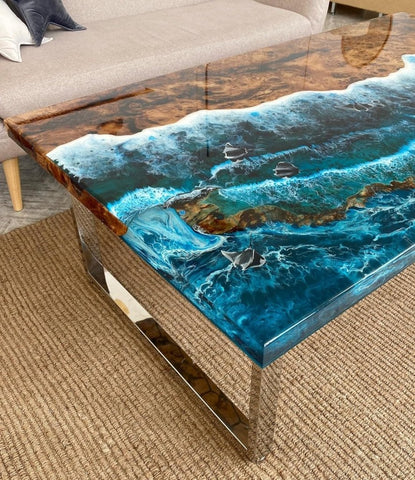 Custom Made Beach Flow with Fish Look Resin Table Epoxy Dining Table Coffee Table End Table Bar Counter Top Living Room Table Wall Art Wooden Table - resinhomefurniture