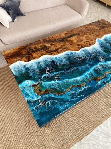 Custom Made Beach Flow with Fish Look Resin Table Epoxy Dining Table Coffee Table End Table Bar Counter Top Living Room Table Wall Art Wooden Table - resinhomefurniture