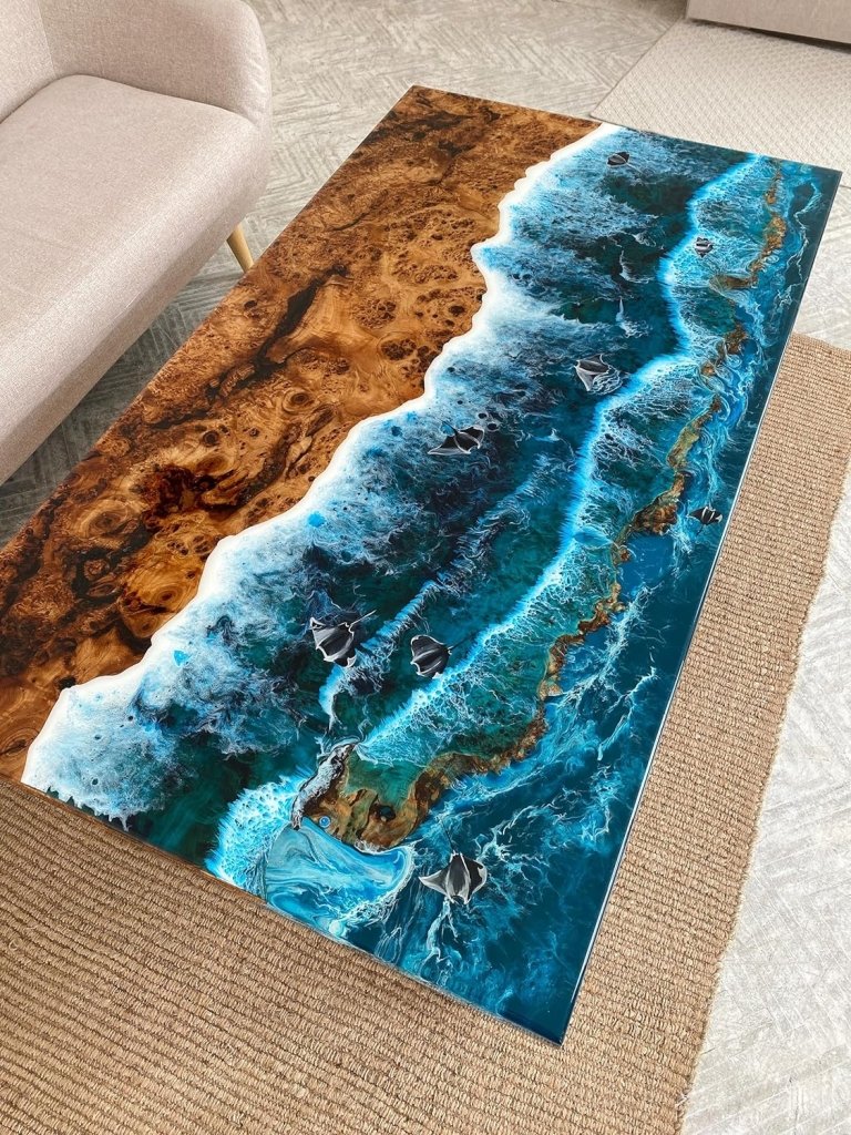 Custom Made Beach Flow with Fish Look Resin Table Epoxy Dining Table Coffee Table End Table Bar Counter Top Living Room Table Wall Art Wooden Table - resinhomefurniture