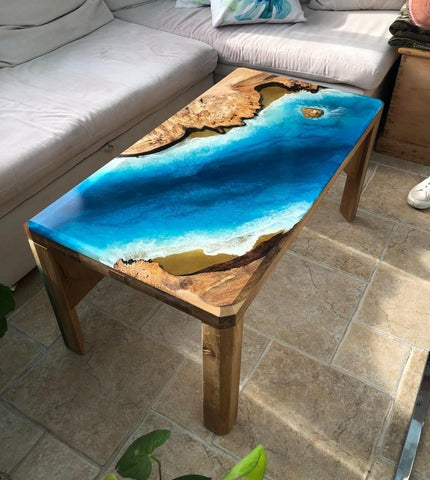 Custom Made Blue River Look Epoxy Resin Dining Table Coffee Table End Table Wooden Table Living Room Table Bar Counter Home Décor Side Table Top - resinhomefurniture