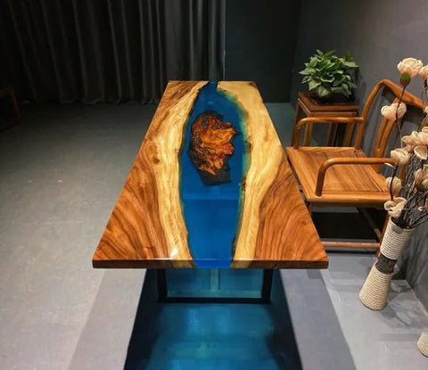 Custom Made Wood Island with Dark Blue River Epoxy Resin Dining Table Coffee Table End Table Wooden Table Living Room Table Bar Counter Home Décor Side Table top - resinhomefurniture
