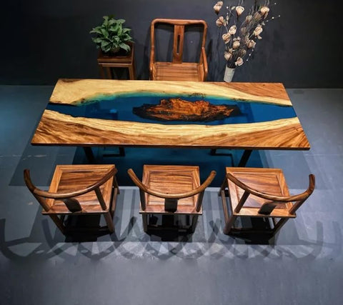 Custom Made Wood Island with Dark Blue River Epoxy Resin Dining Table Coffee Table End Table Wooden Table Living Room Table Bar Counter Home Décor Side Table top - resinhomefurniture