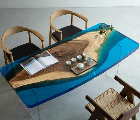 Custom Made Wood Island with Ocean Look and Waves Epoxy Dining Table Coffee Table End Table Bar Counter Top Living Room Table Wall Art Wooden Table Home Décor - resinhomefurniture