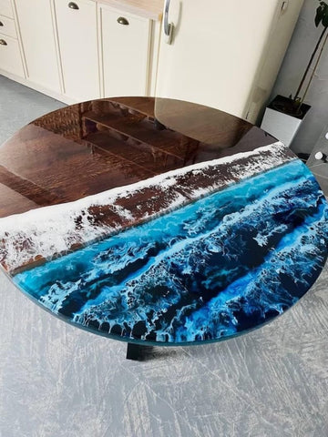 Custom Wood Olive Blue Epoxy Coffee Table Clear Table Dining Table Living Room Table for 2, 4, 6, 8 Multi Ocean Table Round Table Wooden Table Home Décor Patio Table - resinhomefurniture