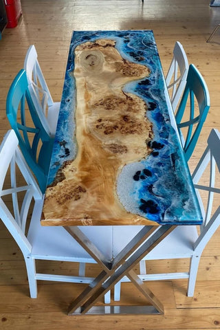 Customized Dine Room Natural Edge Table, Ocean Dining Table, Ocean Epoxy Table, Epoxy Kitchen Table, Blue Epoxy Wooden Table, Resin DinningTable - resinhomefurniture