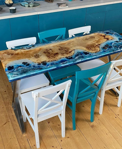 Customized Dine Room Natural Edge Table, Ocean Dining Table, Ocean Epoxy Table, Epoxy Kitchen Table, Blue Epoxy Wooden Table, Resin DinningTable - resinhomefurniture