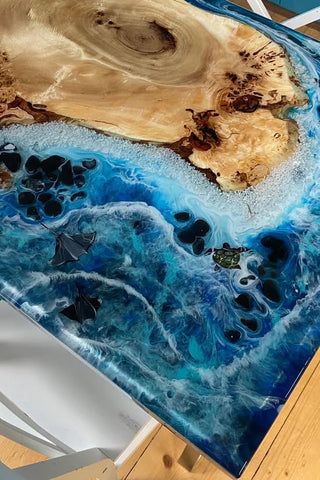 Customized Dine Room Natural Edge Table, Ocean Dining Table, Ocean Epoxy Table, Epoxy Kitchen Table, Blue Epoxy Wooden Table, Resin DinningTable - resinhomefurniture