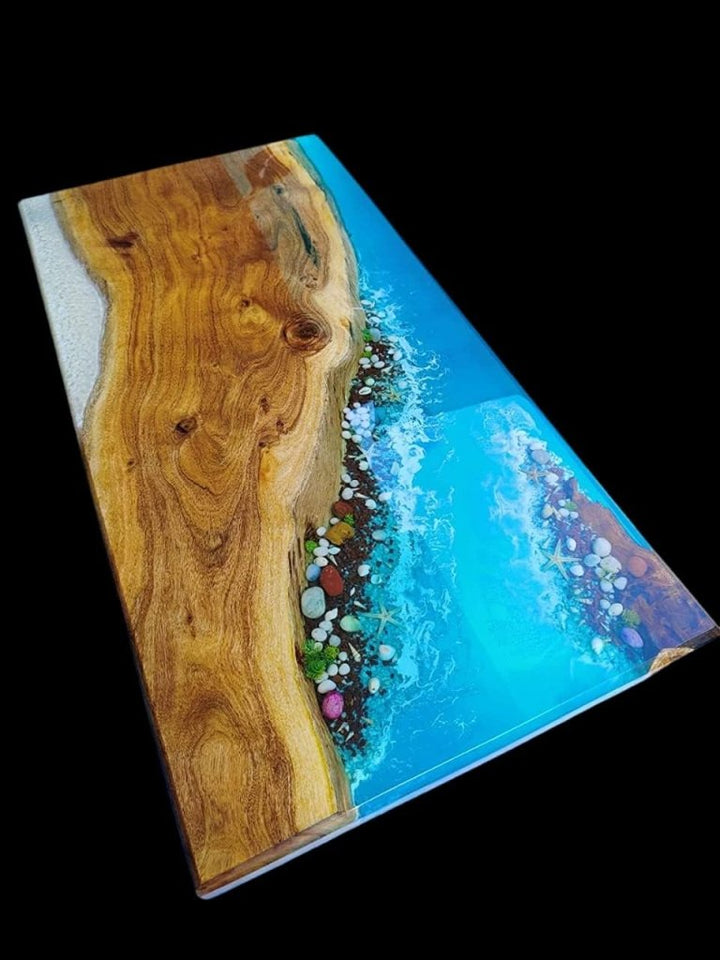 Customized Large Epoxy Table, Blue Resin Dining Table for 2, 4, 6, 8 River with Stone and Star Fish Table, Epoxy Coffee Table, Living Room Table, Home décor - resinhomefurniture