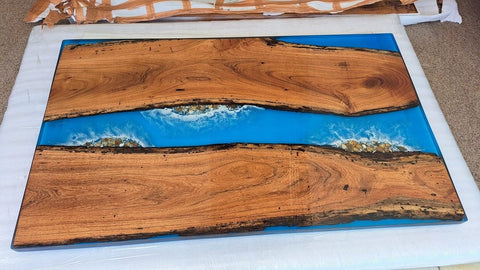 Customized Large Epoxy Table, Blue Resin Dining Table with Stones for 2, 4, 6, 8, Epoxy Coffee Table, Living Room Table, Home décor - resinhomefurniture