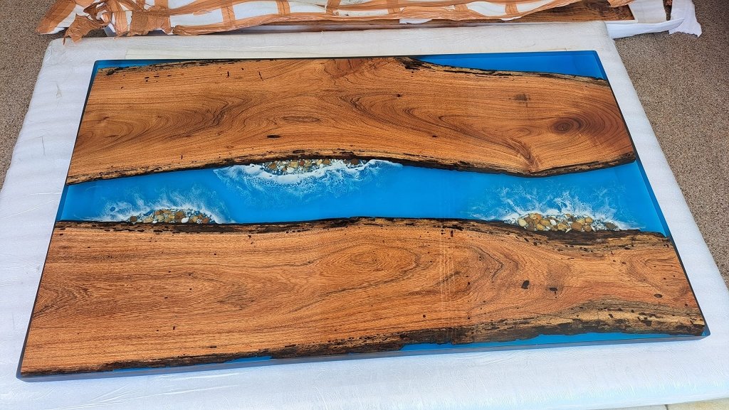 Customized Large Epoxy Table, Blue Resin Dining Table with Stones for 2, 4, 6, 8, Epoxy Coffee Table, Living Room Table, Home décor - resinhomefurniture