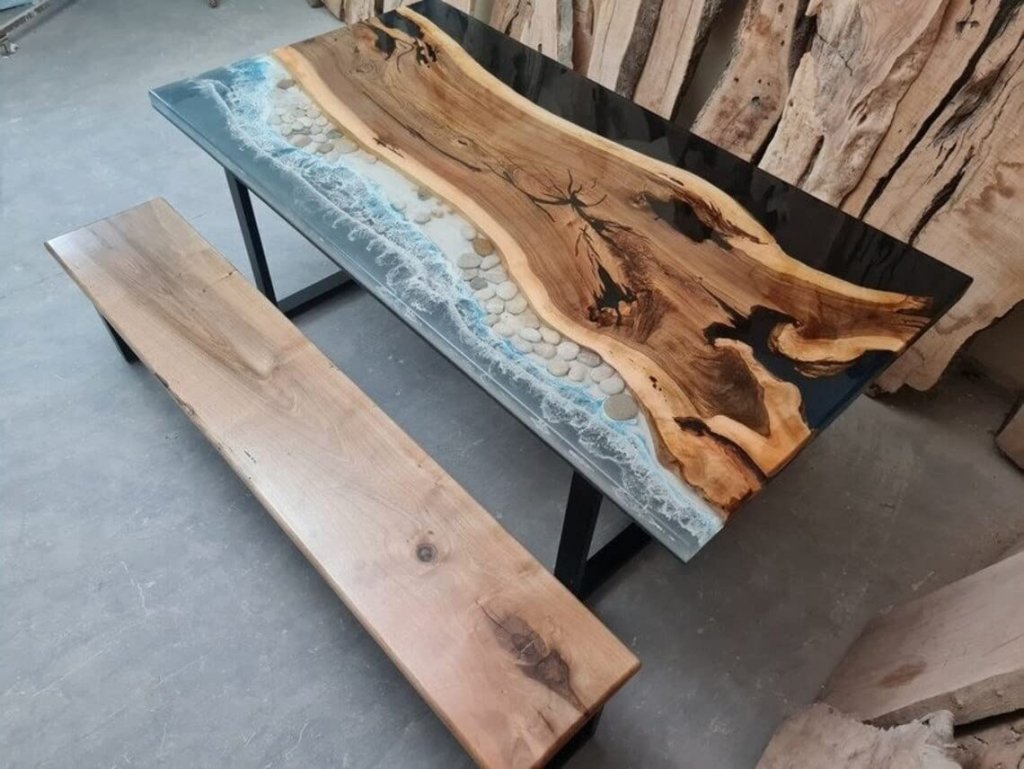 Customized Large Epoxy Table, Blue Resin Dining Table with Stones for 2, 4, 6, 8 River epoxy Dining Table, Epoxy Coffee Table, Living Room Table, Home décor - resinhomefurniture