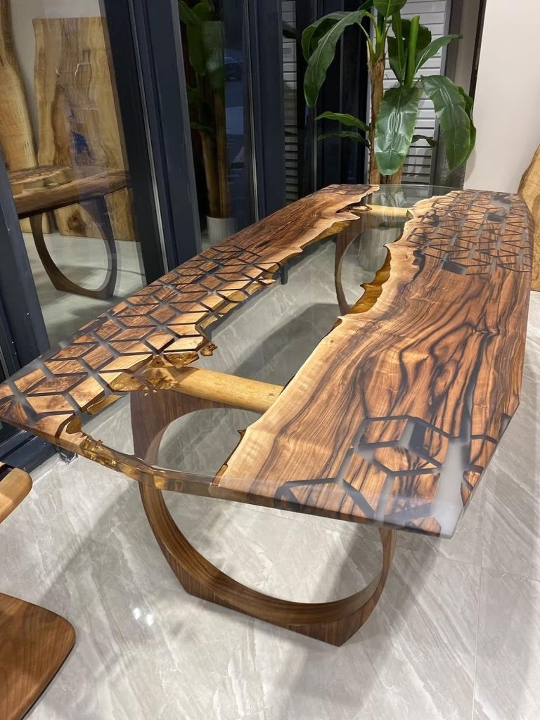 Customized Large Epoxy Table, Brown Hexagon Resin Dining Table for 2, 4, 6, 8 River with Stone Table, Epoxy Coffee Table, Living Room Table, Home décor - resinhomefurniture