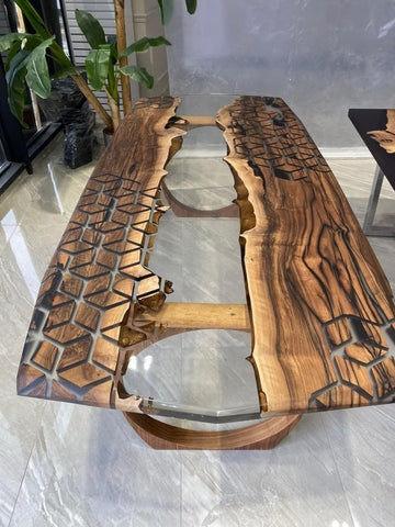Customized Large Epoxy Table, Brown Hexagon Resin Dining Table for 2, 4, 6, 8 River with Stone Table, Epoxy Coffee Table, Living Room Table, Home décor - resinhomefurniture