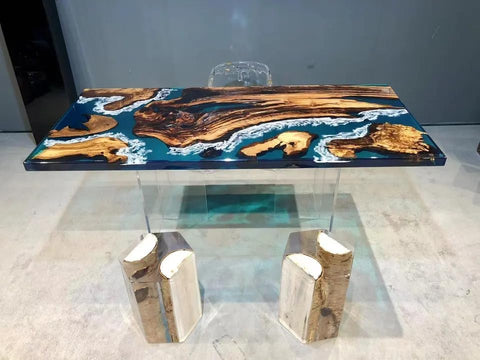 Customized Large Epoxy Table, Clear Blue Live Edge, Resin Dining Table for 2, 4, 6, 8, Epoxy Coffee Table, Living Room Table, Home décor - resinhomefurniture