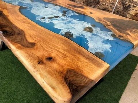 Customized Ocean Theme epoxy Resin Solid Wood Opaque Table, Dining Table, Living Room Table, Wooden Epoxy Coffee Table, Side Table - resinhomefurniture