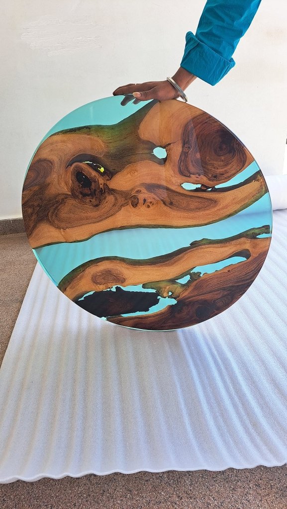 Customized Resin Epoxy Round Top Table, Solid Wood & Blue Epoxy Resin, Epoxy River Round Top, Kitchen Top, Live Edge, Flexible Customized - resinhomefurniture