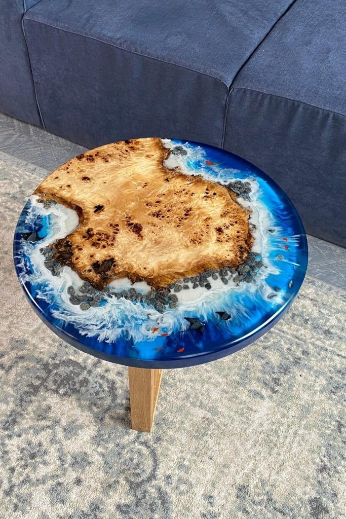 Customized Resin Round Table Top, Blue Ocean with Unique Stones Look, Coffee Table, Resin Table, Luxury Table, Walnut Table, Wooden Resin Table - resinhomefurniture