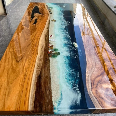 Epoxy Resin Artistic Handmade Ocean Island Beach Art Solid Wood Coffee/Dining Tables for Living/Dining Rooms - resinhomefurniture
