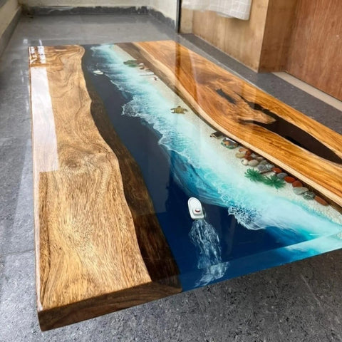 Epoxy Resin Artistic Handmade Ocean Island Beach Art Solid Wood Coffee/Dining Tables for Living/Dining Rooms - resinhomefurniture