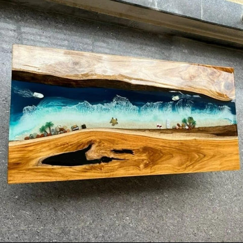 Epoxy Resin Artistic Handmade Ocean Island Beach Art Solid Wood Coffee/Dining Tables for Living/Dining Rooms - resinhomefurniture