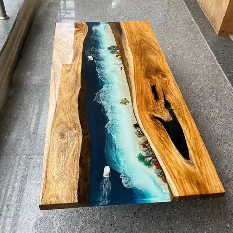 Epoxy Resin Artistic Handmade Ocean Island Beach Art Solid Wood Coffee/Dining Tables for Living/Dining Rooms - resinhomefurniture