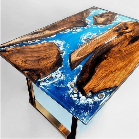 epoxy resin ocean beach art solid wood table customized - resinhomefurniture