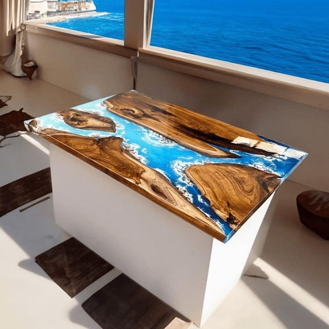 epoxy resin ocean beach art solid wood table customized - resinhomefurniture