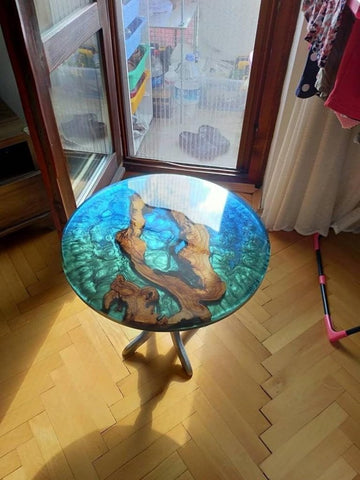 Exquisite Frostic Green & Blue Metallic Epoxy Resin Round Coffee Table Patio Table Console Table Side Table Center Table Coastal Table Living Room Table - resinhomefurniture