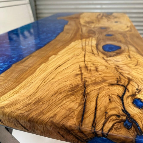 Extendable Tiffany Metallic Blue Epoxy Resin Dining Table Coffee Table Live Edge Table Living Room Table Console Table Patio Table Kitchen Table Side Table - resinhomefurniture