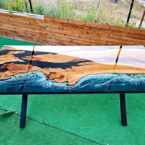 Green Island Ocean Wave Look Epoxy Resin Dining Table Coffee Table End Table Wooden Table Living Room Table Bar Counter Home Décor Side Table top - resinhomefurniture