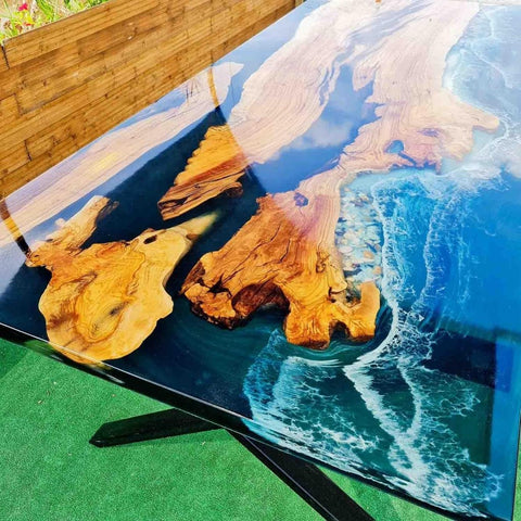Green Island Ocean Wave Look Epoxy Resin Dining Table Coffee Table End Table Wooden Table Living Room Table Bar Counter Home Décor Side Table top - resinhomefurniture
