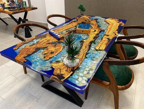 Large Beautiful Customized Beige Epoxy Dining Table Resin Coffee Table Living Room Table for 2, 4, 6, 8 Sea Aquarium Star Shells Look Table Patio Table Home Décor - resinhomefurniture