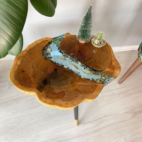 Large Indoor Epoxy Round Table Resin Coffee Table River With Fishes & Stones Table Living Room For 2, 4, 6, 8 Side/End Table Epoxy Dining Table Bar Counter Home Décor (25 x 25 Inches) - resinhomefurniture