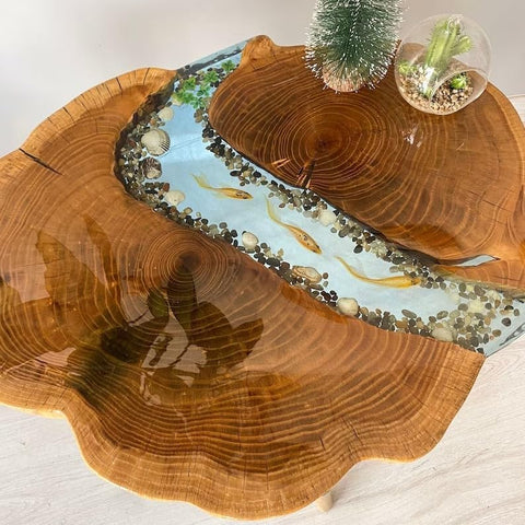 Large Indoor Epoxy Round Table Resin Coffee Table River With Fishes & Stones Table Living Room For 2, 4, 6, 8 Side/End Table Epoxy Dining Table Bar Counter Home Décor (25 x 25 Inches) - resinhomefurniture