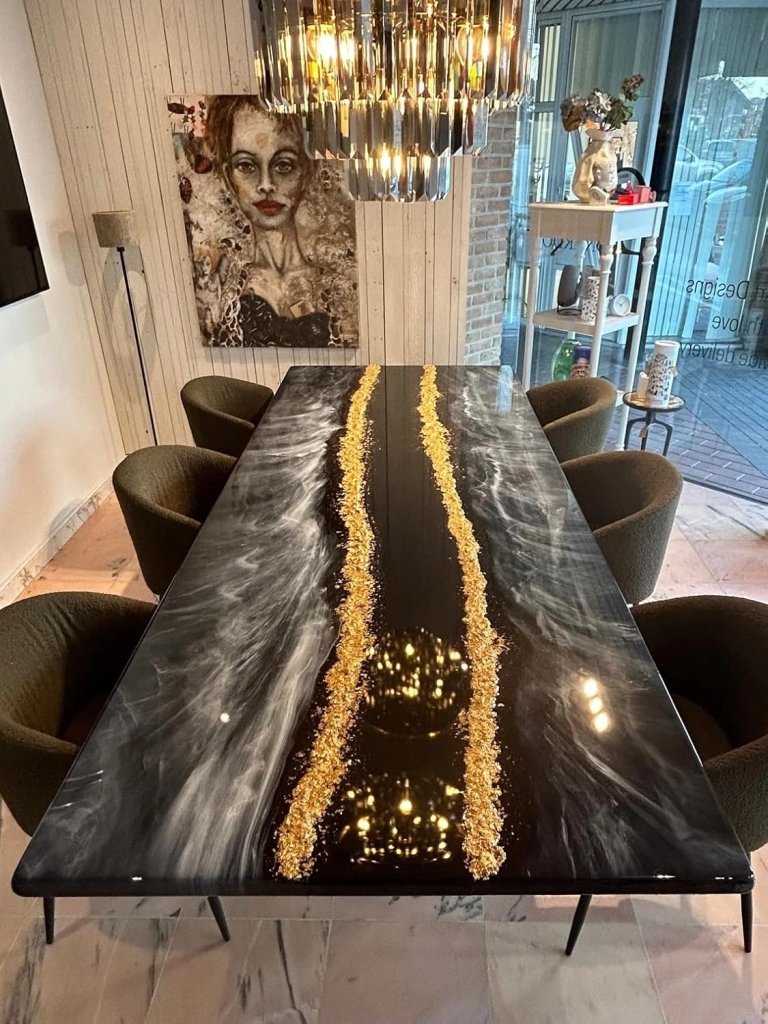 Large Indoor Resin Dining Table Luxury Black River Table with Gold Flakes Design Unique Epoxy Table Conference Table Home Decor Patio Table - resinhomefurniture