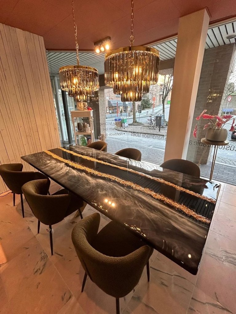 Large Indoor Resin Dining Table Luxury Black River Table with Gold Flakes Design Unique Epoxy Table Conference Table Home Decor Patio Table - resinhomefurniture
