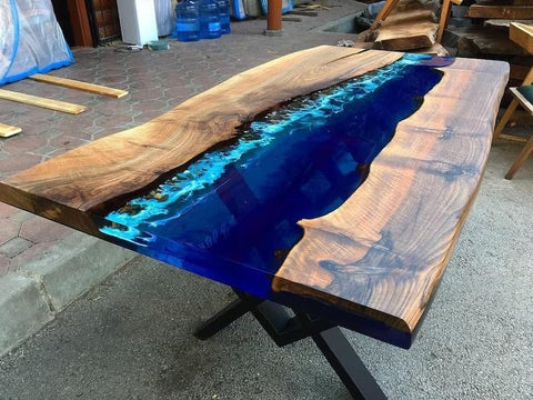 Large Natural Wood Deep Blue River Sea Coastal Table Top Dining Table Living Room Stones Table for 2, 4, 6, 8 Coffee Table Side/End Table Patio Table Walnut Table - resinhomefurniture