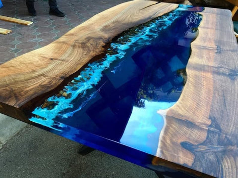 Large Natural Wood Deep Blue River Sea Coastal Table Top Dining Table Living Room Stones Table for 2, 4, 6, 8 Coffee Table Side/End Table Patio Table Walnut Table - resinhomefurniture