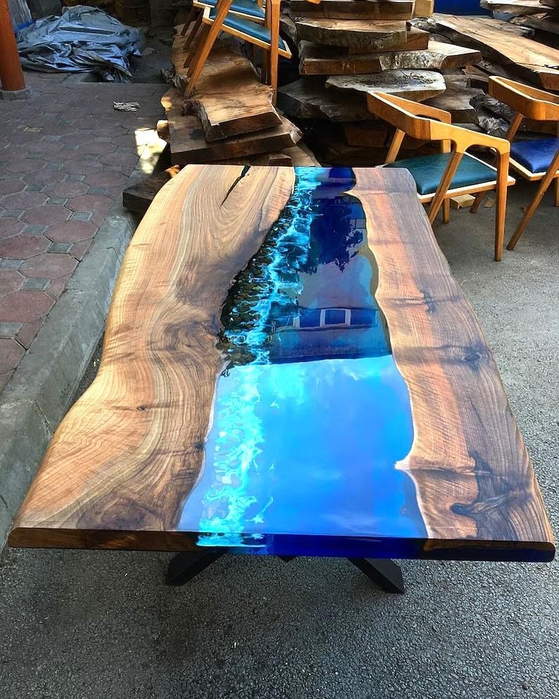 Large Natural Wood Deep Blue River Sea Coastal Table Top Dining Table Living Room Stones Table for 2, 4, 6, 8 Coffee Table Side/End Table Patio Table Walnut Table - resinhomefurniture