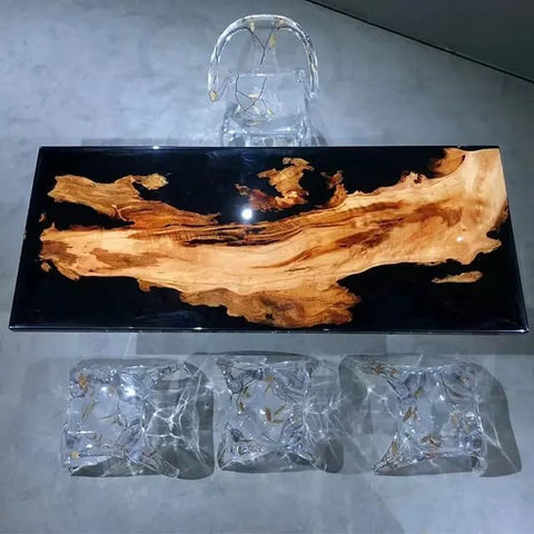Natural Fire Like Wood and Dark Black Epoxy Resin Table Dining Table Coffee Table End Table Wooden Table Living Room Table Bar Counter Home Décor Side Table top - resinhomefurniture