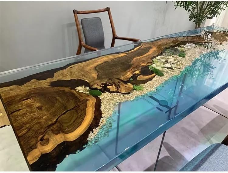 Natural Forest River Look Epoxy Classic Clear Blue Epoxy with Stone Dining Table Coffee Table End Table Bar Counter Top Living Room Table Wall Art Wooden Table - resinhomefurniture